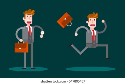 Flat Businessman Waiting and Running on Dark Background. Isolated Flat Vector Illustration.