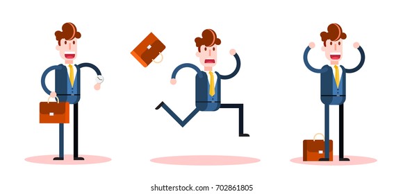 Flat Businessman Waiting , Running and Winning on White Background. Isolated Flat Vector Illustration