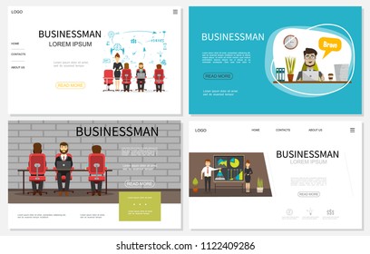 Flat businessman websites collection with navigation menu business people at office and conference vector illustration
