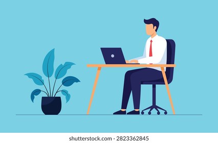 Flat businessman working on laptop vector illustration.