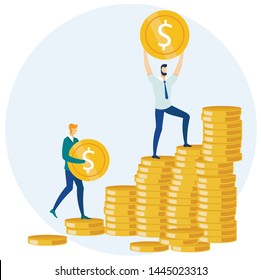Flat Businessmen Putting Gold Coins in Pile Cartoon. Saving Dollars and Investment Vector Illustration. Financial Business and Office People Characters Earning. Money Growth and Success