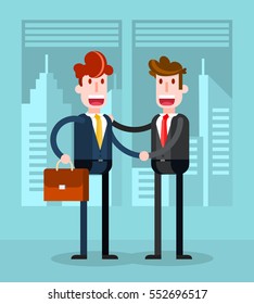 Flat Businessmen Shaking Hands in the Office. Isolated Flat Vector Illustration. 