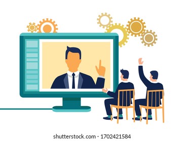 Flat businessmen sitting in front of screen with video call from another businessman - online education or conference, webinar, online meeting concept