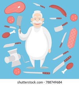 Flat butcher shop design elements and icons. Meat products. Man character