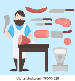 Flat butcher shop design elements and icons. Meat products. Man character
