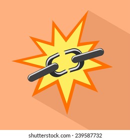 Flat button with broken chain. Vector illustration.