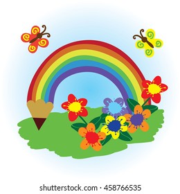 flat button with pencil rainbow
