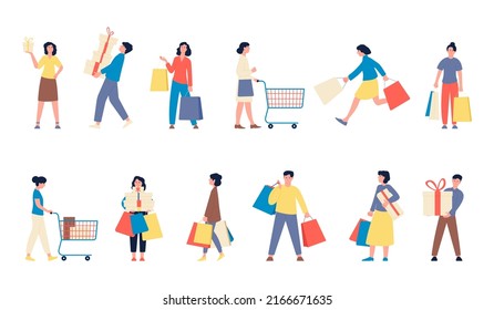 Flat buyers. Fashionable women and men on shopping. Isolated customer with bags and boxes. Gift and clothes purchasing, customers recent vector set