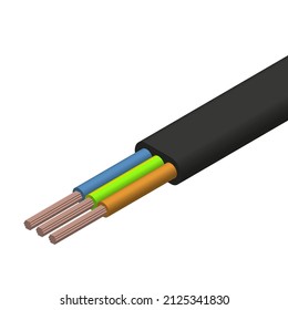 Flat cable with three insulated copper conductors. 3D isometric style, vector illustration.