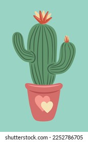 Flat cactus with flower. Сactus with flower in pot  with a heart . Сan be used for greeting cards, invitations, stickers and prints. Illustration for birthday and valentine's.