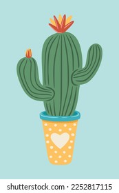 Flat cactus with flower. Сactus with flower in pot with a heart. Сan be used for greeting cards, invitations, stickers and prints. Illustration for birthday and valentine's.