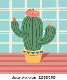 Flat cactus with flower. Сactus with flower in pot with hearts . Сan be used for greeting cards, invitations, stickers and prints. Illustration for birthday and valentine's. Still life illustration.