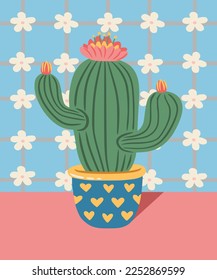 Flat cactus with flower. Сactus with flower in pot with hearts . Сan be used for greeting cards, invitations, stickers and prints. Illustration for birthday and valentine's. Still life illustration.