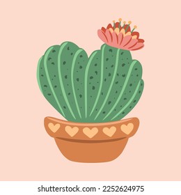 Flat cactus with flower. Сactus with flower with shape of heart in pot. Сan be used for greeting cards, invitations, stickers and prints. Illustration for birthday and valentine's.