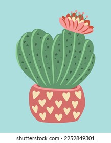 Flat cactus with flower. Сactus with flower with shape of heart in pot. Сan be used for greeting cards, invitations, stickers and prints. Illustration for birthday and valentine's.