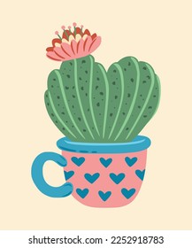 Flat cactus with flower. Сactus with flower with shape of heart in a mug. Сan be used for greeting cards, invitations, stickers and prints. Illustration for birthday and valentine's.