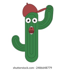 Flat Cactus isolated white background. Viva Mexico cacti character in trendy Simple Minimalism style. Groovy vector illustration can used t-shirt print, postcard cover design. Editable stroke. EPS 10