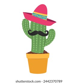 Cactus plano con sombrero y un bigote aislado sobre fondo blanco.