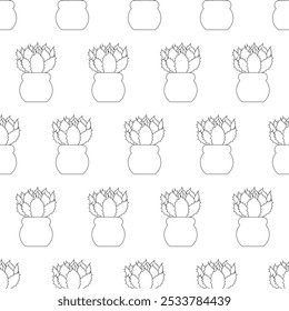 Flat cactus succulent in a pot in doodle style. Simple seamless pattern. Vector illustration.