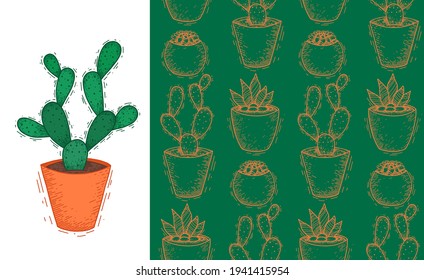 Flat cactus with thorns in a clay pot. Wallpaper with home plants. Fabric with cacti. Set of doodle postcards and patterns. Vertical banner and natural textures. Hand drawn sketch with hatching.