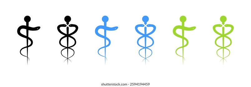 Flat caduceus icons set in monochrome, blue, and green tones - medical symbols vector art.