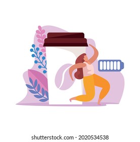 Flat caffeine stimulating effect icon with energetic character and cup of coffee vector illustration