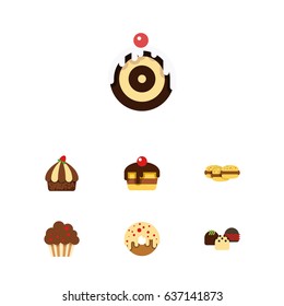 Flat Cake Set Of Biscuit, Cupcake, Muffin And Other Vector Objects. Also Includes Shortcake, Cake, Pastry Elements.