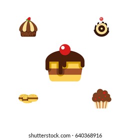 Flat Cake Set Of Biscuit, Cupcake, Dessert And Other Vector Objects. Also Includes Cupcake, Muffin, Cake Elements.