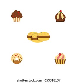 Flat Cake Set Of Biscuit, Muffin, Doughnut And Other Vector Objects. Also Includes Sweetmeat, Biscuit, Confectionery Elements.