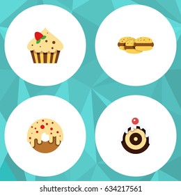 Flat Cake Set Of Confectionery, Biscuit, Doughnut And Other Vector Objects. Also Includes Donuts, Pastry, Shortcake Elements.