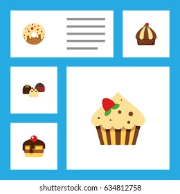 Flat Cake Set Of Confectionery, Cake, Cupcake And Other Vector Objects. Also Includes Pastry, Muffin, Dessert Elements.