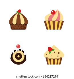 Flat Cake Set Of Confectionery, Pastry, Sweetmeat And Other Vector Objects. Also Includes Pastry, Muffin, Cake Elements.