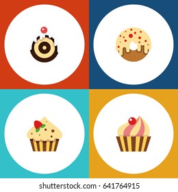 Flat Cake Set Of Confectionery, Sweetmeat, Pastry And Other Vector Objects. Also Includes Pastry, Cake, Confectionery Elements.