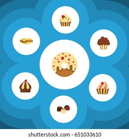 Flat Cake Set Of Confectionery, Sweetmeat, Muffin And Other Vector Objects. Also Includes Cookie, Biscuit, Patisserie Elements.