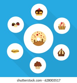 Flat Cake Set Of Cupcake, Cake, Doughnut And Other Vector Objects. Also Includes Confectionery, Cookie, Pastry Elements.