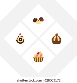 Flat Cake Set Of Cake, Cupcake, Sweetmeat And Other Vector Objects. Also Includes Confectionery, Sweetmeat, Cupcake Elements.