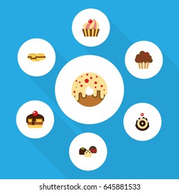 Flat Cake Set Of Dessert, Cake, Doughnut And Other Vector Objects. Also Includes Patisserie, Cupcake, Pastry Elements.