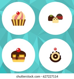 Flat Cake Set Of Dessert, Cake, Sweetmeat And Other Vector Objects. Also Includes Sweetmeat, Cake, Cupcake Elements.