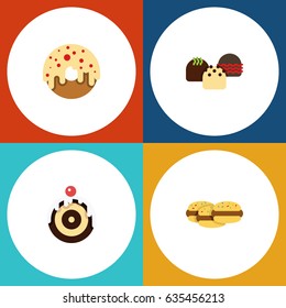 Flat Cake Set Of Doughnut, Biscuit, Pastry And Other Vector Objects. Also Includes Patisserie, Donuts, Dessert Elements.