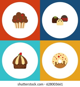 Flat Cake Set Of Muffin, Cupcake, Cake And Other Vector Objects. Also Includes Doughnut, Donuts, Cake Elements.
