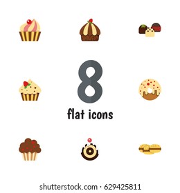 Flat Cake Set Of Cake, Muffin, Cupcake And Other Vector Objects. Also Includes Patisserie, Donuts, Cookie Elements.