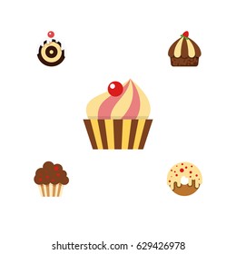 Flat Cake Set Of Muffin, Doughnut, Cupcake And Other Vector Objects. Also Includes Cupcake, Pastry, Muffin Elements.