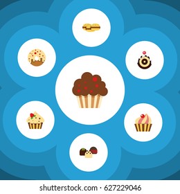 Flat Cake Set Of Muffin, Sweetmeat, Doughnut And Other Vector Objects. Also Includes Muffin, Confectionery, Doughnut Elements.