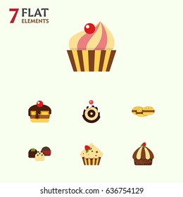 Flat Cake Set Of Cake, Sweetmeat, Biscuit And Other Vector Objects. Also Includes Sweetmeat, Cookie, Dessert Elements.