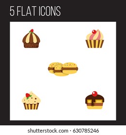 Flat Cake Set Of Sweetmeat, Cupcake, Confectionery And Other Vector Objects. Also Includes Dessert, Sweetmeat, Cupcake Elements.