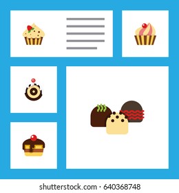 Flat Cake Set Of Sweetmeat, Cake, Dessert And Other Vector Objects. Also Includes Sweetmeat, Cake, Pastry Elements.