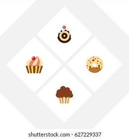 Flat Cake Set Of Sweetmeat, Muffin, Doughnut And Other Vector Objects. Also Includes Cupcake, Donuts, Doughnut Elements.