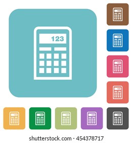 Flat calculator icons on rounded square color backgrounds.