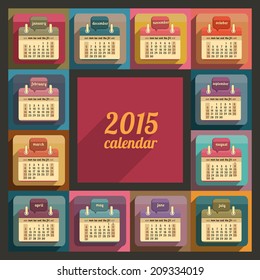 Flat calendar 2015 year design, English, Sunday start