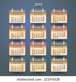 Flat calendar 2015 year design, English, Sunday start